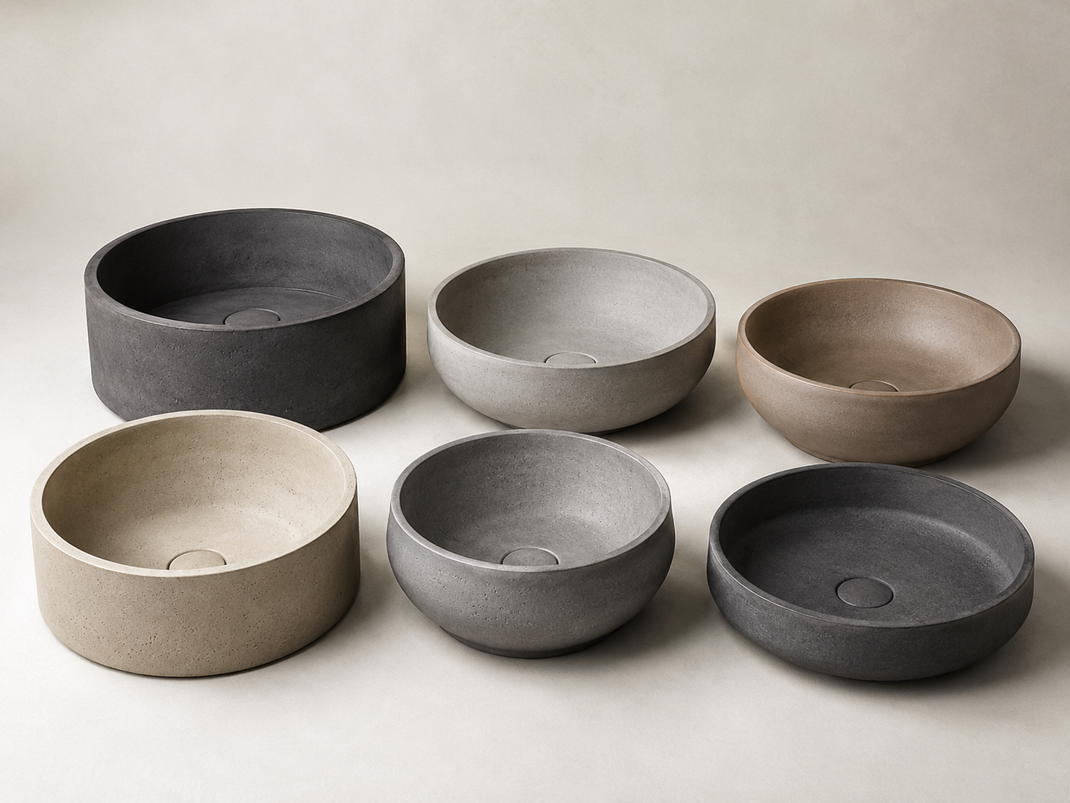 Round concrete vessel sinks in multiple matte colors for bathroom and commercial project supply