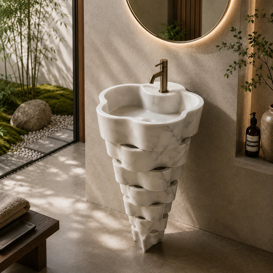 Hand-carved white marble stone pedestal basin in a luxury bathroom