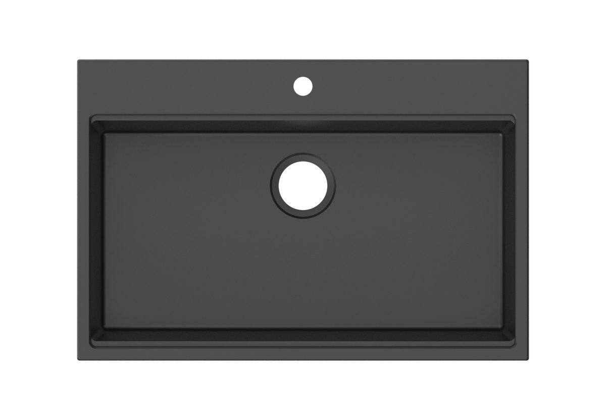 Top view of black quartz composite sink with drainboard, centered drain opening, and pre-drilled faucet hole