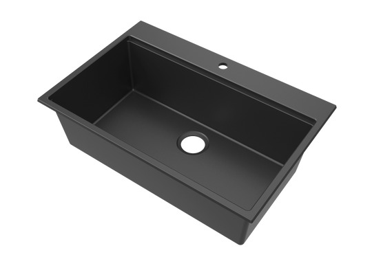 Black quartz composite single bowl kitchen sink with integrated drainboard and faucet hole, SANIKB SN8549B