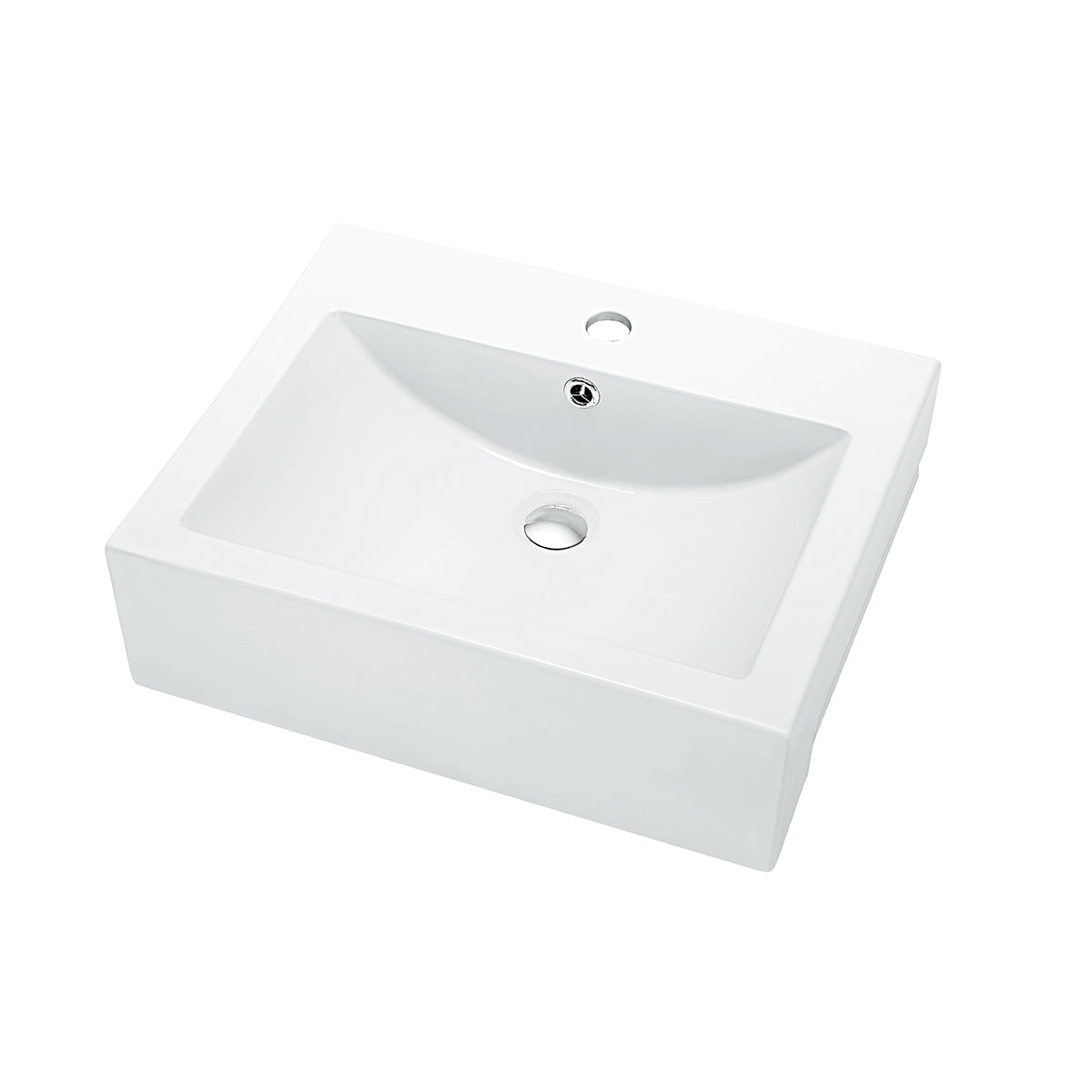 White rectangular ceramic basin with soft-curve interior and single rear faucet hole, on a white background