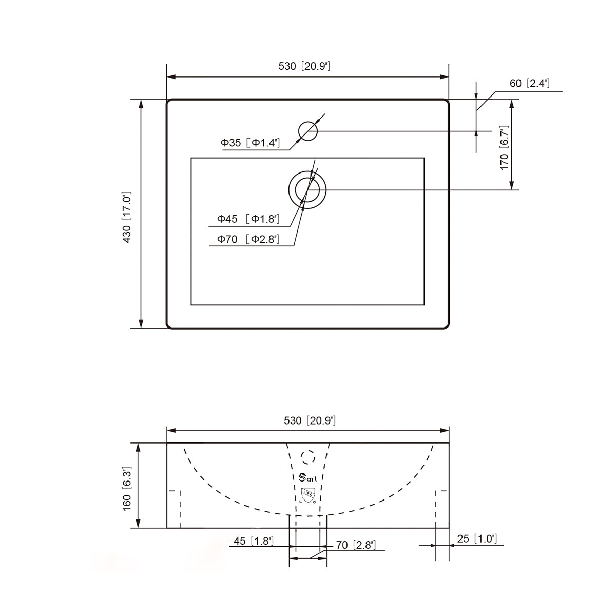 Spec drawing of the rectangular ceramic vessel sink with top view, cross-section, and 530 x 430 x 160 mm dimensions