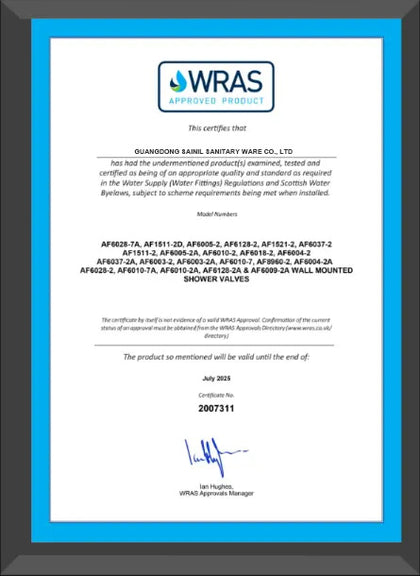 WRAS approved product certificate