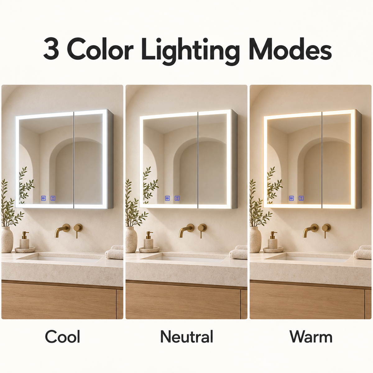 SANIKB KSJG-3028 LED mirror cabinet with warm, natural and cool lighting modes