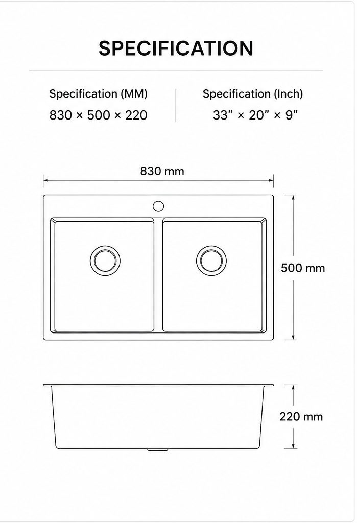 Specification diagram for 830 × 500 × 220 mm black double bowl quartz composite sink with 33 × 20 × 9 inch dimensions