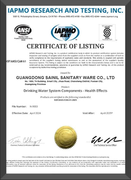 IAPMO certificate of listing