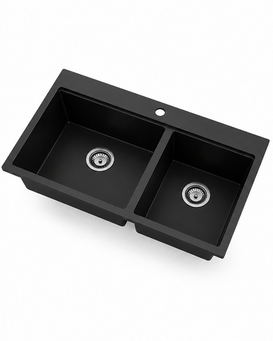 Black 33-inch double bowl quartz composite kitchen sink with single faucet hole and deep dual basins