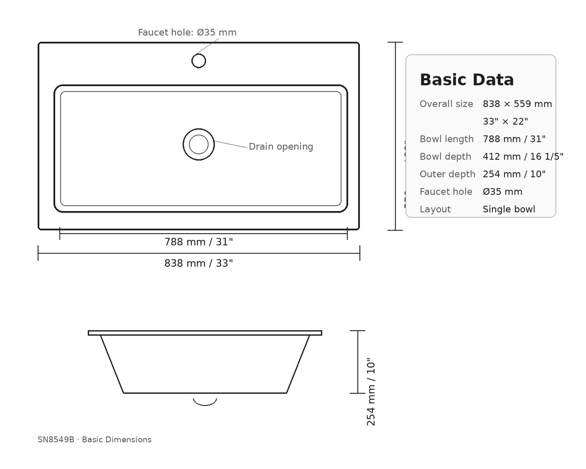 SN8549B black quartz sink technical dimension drawing showing 33 x 22 inch size, single bowl layout, faucet hole, and drain opening