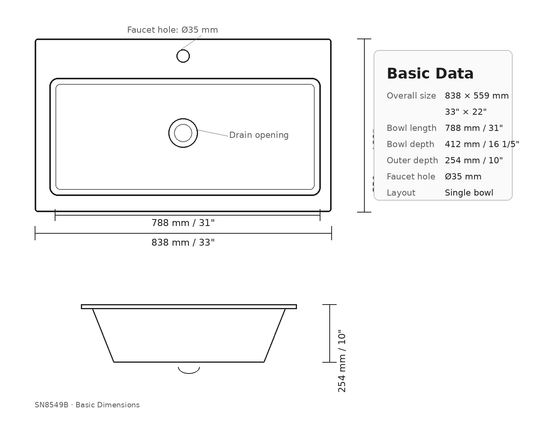 SN8549B black quartz sink technical dimension drawing showing 33 x 22 inch size, single bowl layout, faucet hole, and drain opening