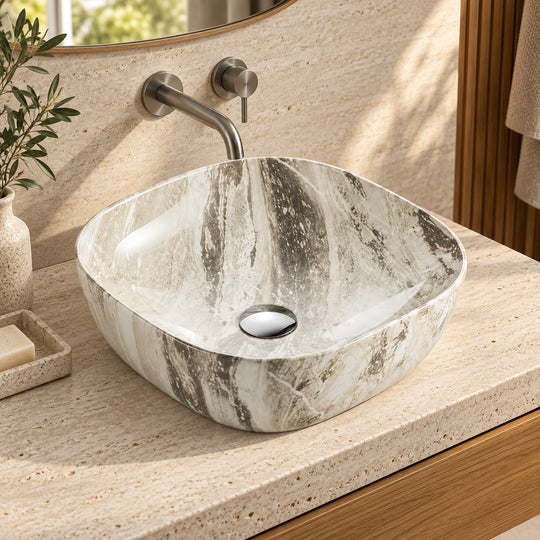 SHY-8020D15 cream and grey-veined square ceramic vessel sink in a boutique hotel bathroom