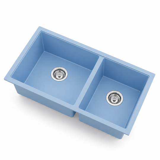 Blue double bowl quartz composite kitchen sink with rectangular basins and stainless steel drain assemblies
