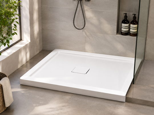 SANIKB BA4832C-1 48x32 shower pan with single threshold and center drain installed in a tiled alcove shower