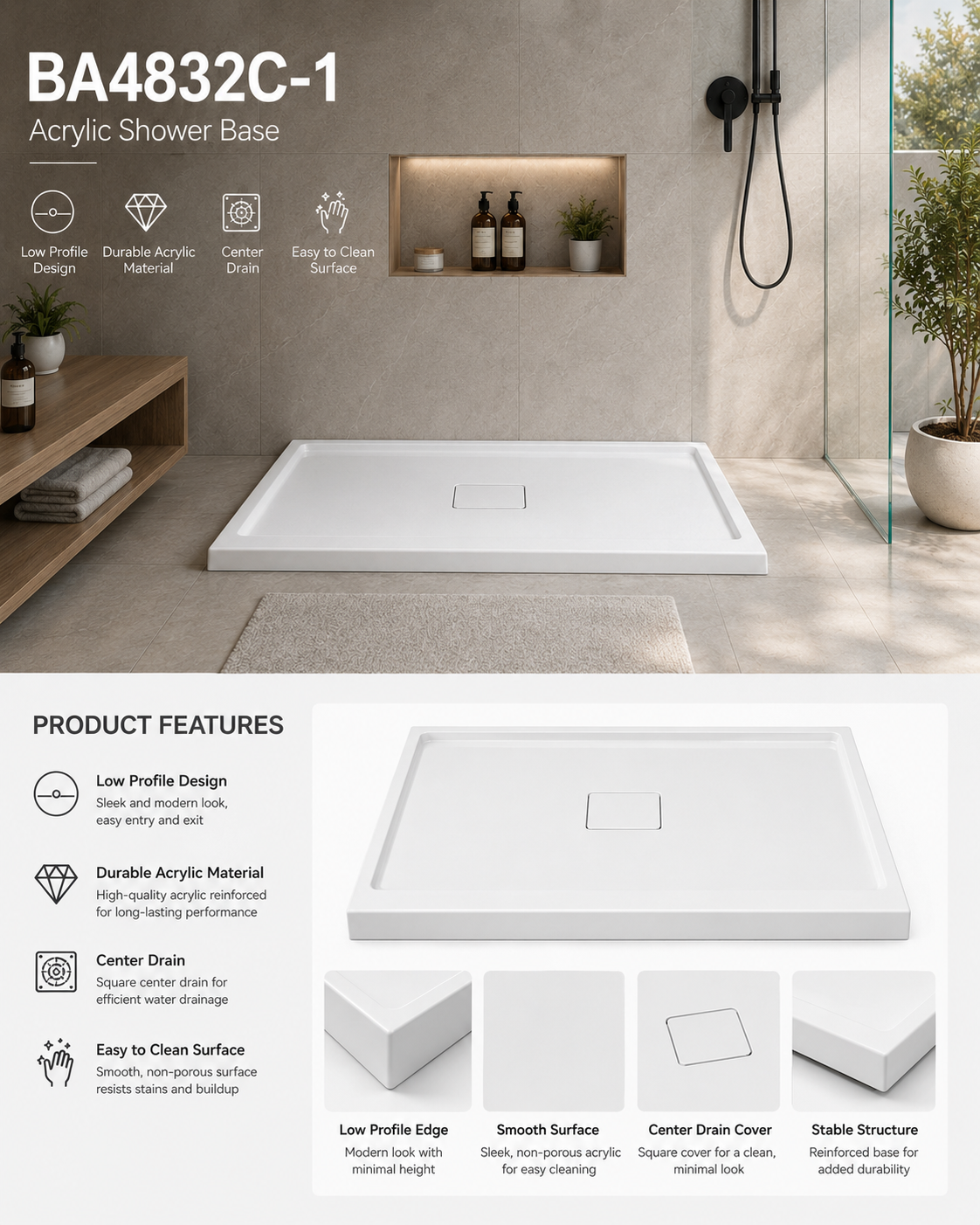 SANIKB BA4832C-1 48x32 shower pan feature overview: low-profile design, center drain, easy-clean surface