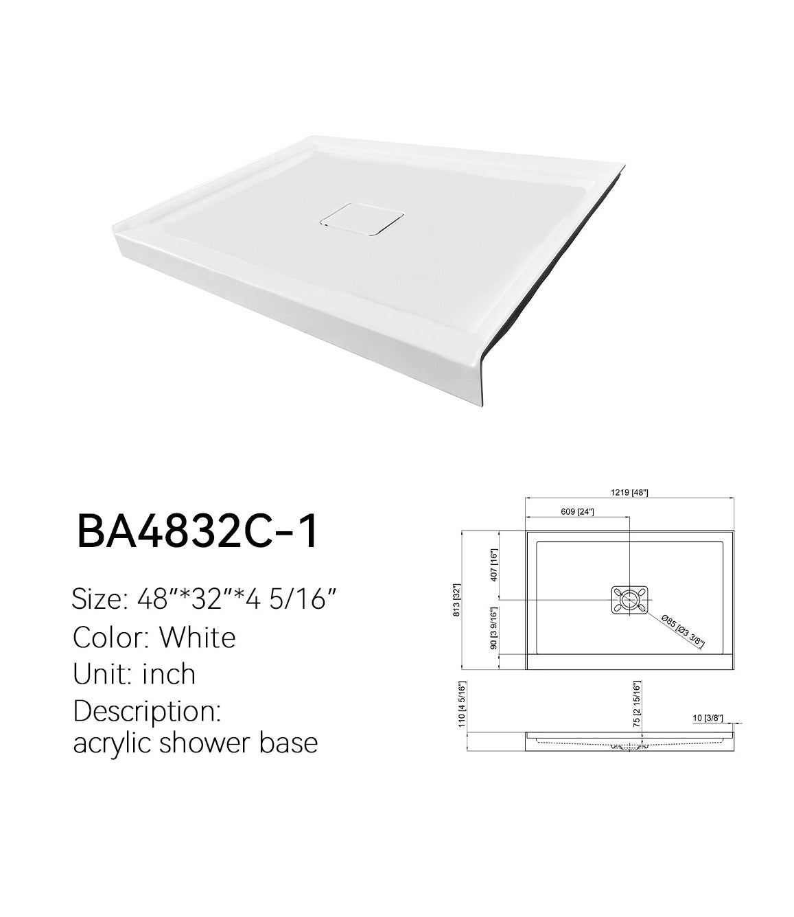 BA4832C-1 48x32 shower base spec drawing, single threshold, center square drain, 48 x 32 x 4-5/16 in, white