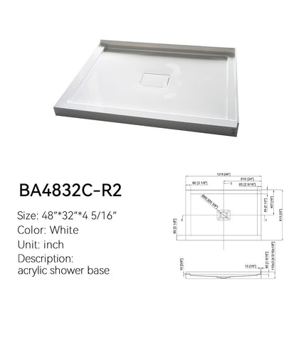 BA4832C-R2 48x32 shower base spec drawing, right L-shape corner, two-side threshold, center drain, white