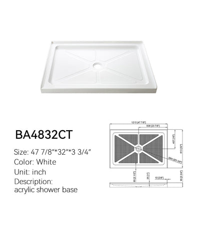 BA4832CT 48x32 shower base spec drawing, T-shape three-side threshold, center drain, anti-slip floor, white