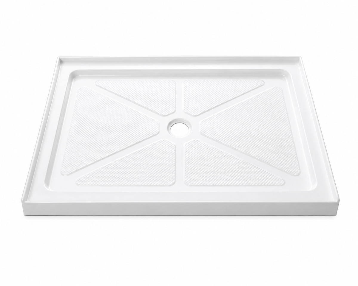 White BA4834CT 48 x 34 shower base, angled view of textured anti-slip floor and center drain