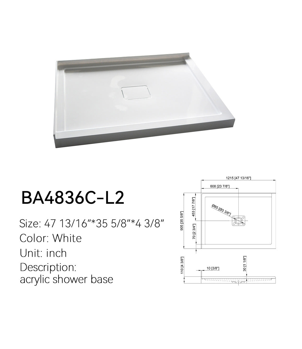 BA4836C-L2 48 x 36 shower base, white, left L-shaped corner threshold, center drain, with dimension drawing