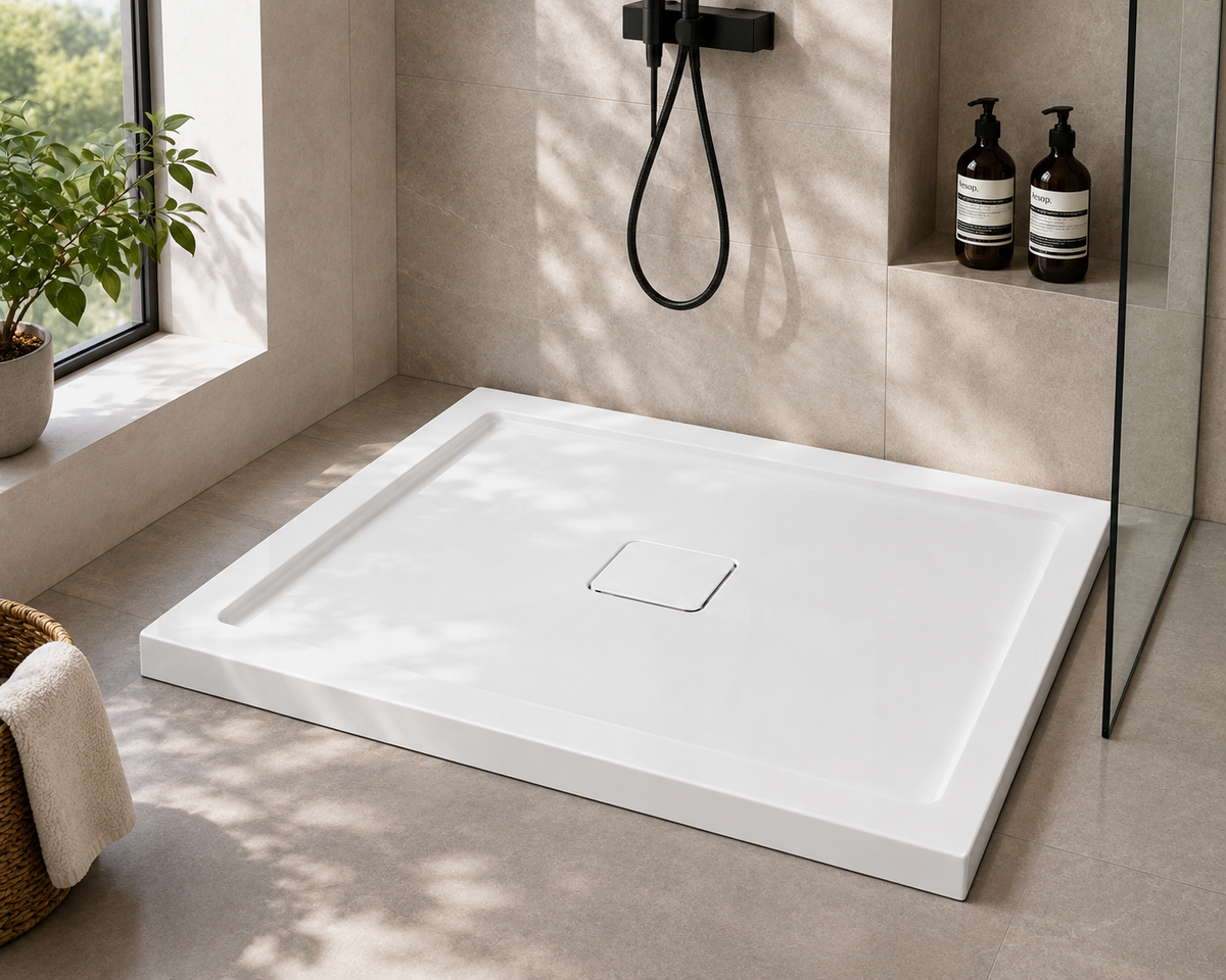 White 48x36 shower pan installed in a modern stone-tiled bathroom with glass panel and black shower fixtures