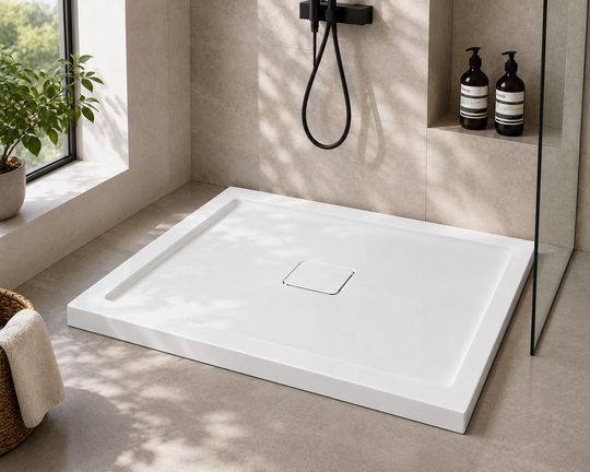 White 48x36 shower pan installed in a modern stone-tiled bathroom with glass panel and black shower fixtures