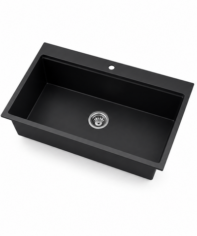 Black rectangular single bowl quartz composite kitchen sink with faucet hole and center drain, 31 inch modern matte black design