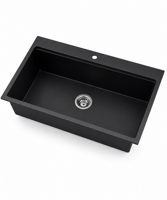 Black rectangular single bowl quartz composite kitchen sink with faucet hole and center drain, 31 inch modern matte black design