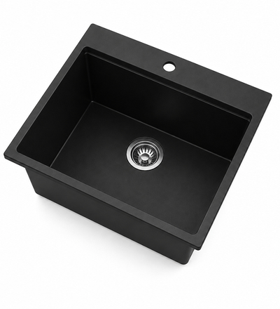 Black drop-in quartz composite single bowl kitchen sink with faucet hole and square topmount rim
