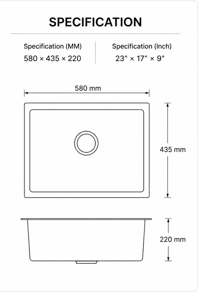 Specification drawing for 580 x 435 x 220 mm single bowl quartz composite kitchen sink