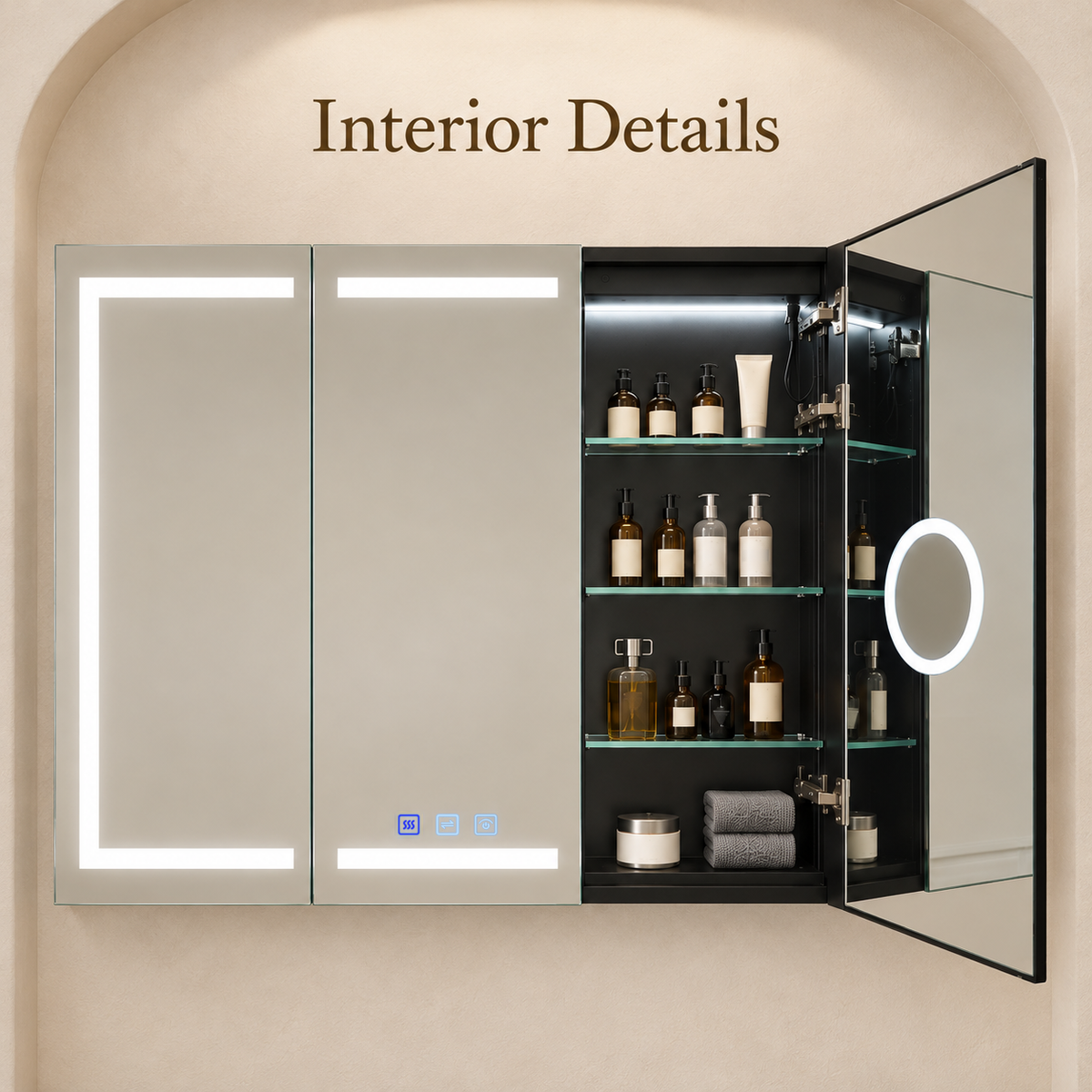 SANIKB KSJG-4028 LED mirror cabinet with interior shelves and door details
