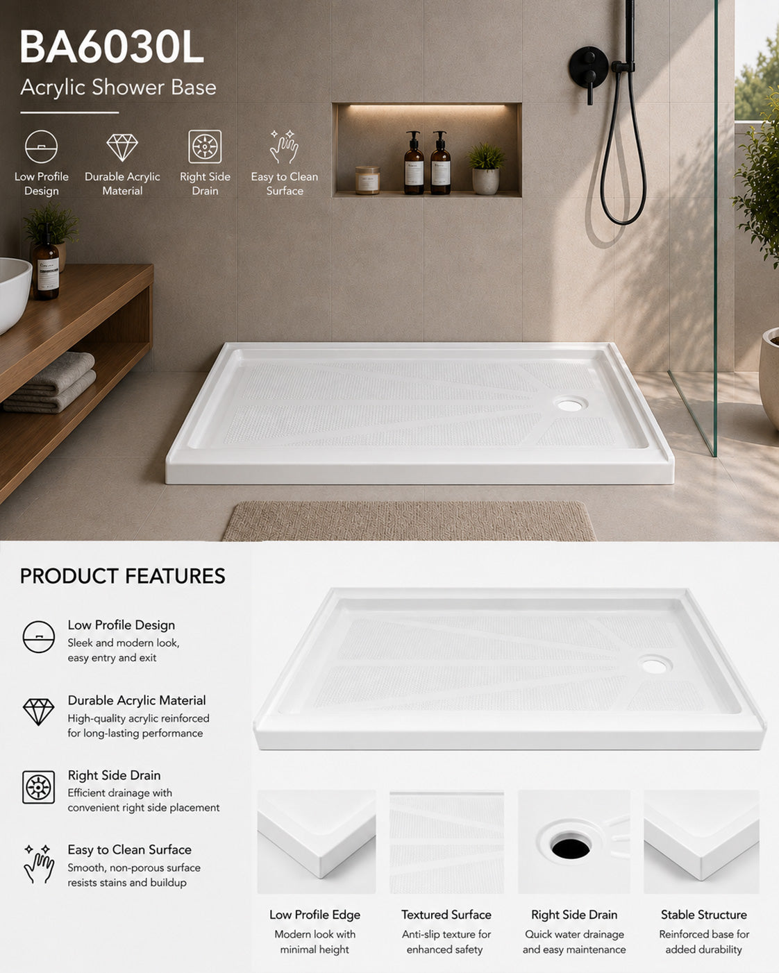 SANIKB BA6030 60 x 30 shower base feature overview: low profile edge, anti-slip textured floor, easy-clean surface