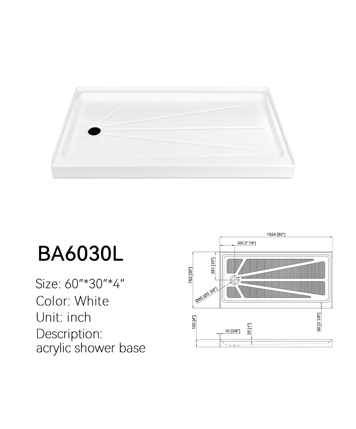 SANIKB BA6030L 60x30 shower pan, left drain, white finish, with dimension drawing of 60 x 30 x 4 in unit