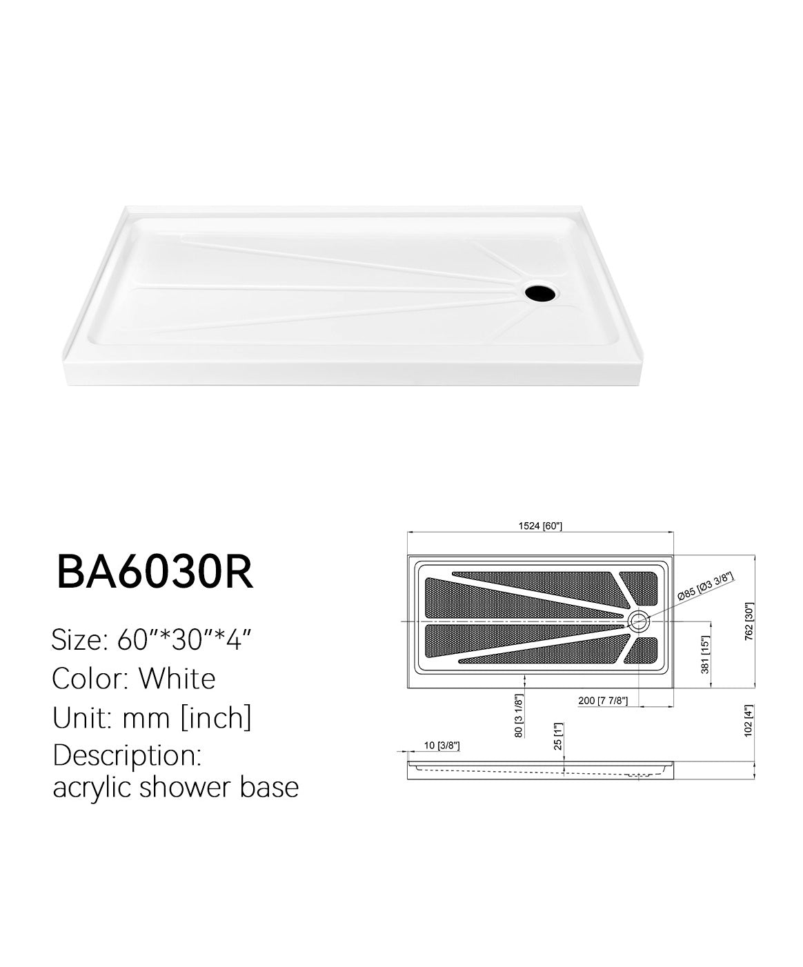 SANIKB BA6030R 60x30 shower pan, right drain, white finish, with dimension drawing of 60 x 30 x 4 in unit