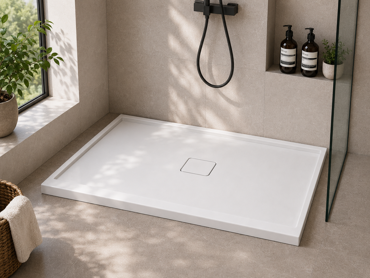 BA6032C-1 60x32 shower base with center drain installed in a tiled alcove shower, white acrylic