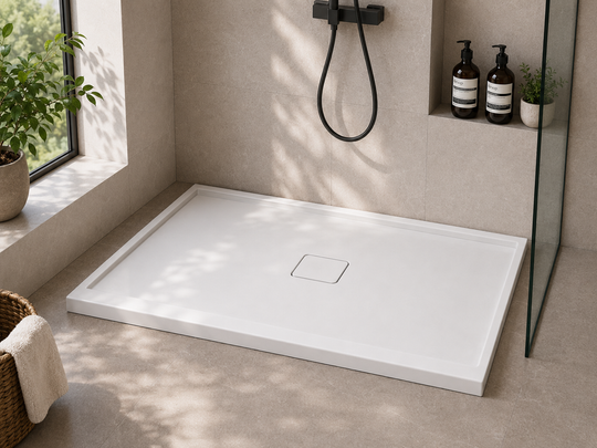 BA6032C-1 60x32 shower base with center drain installed in a tiled alcove shower, white acrylic
