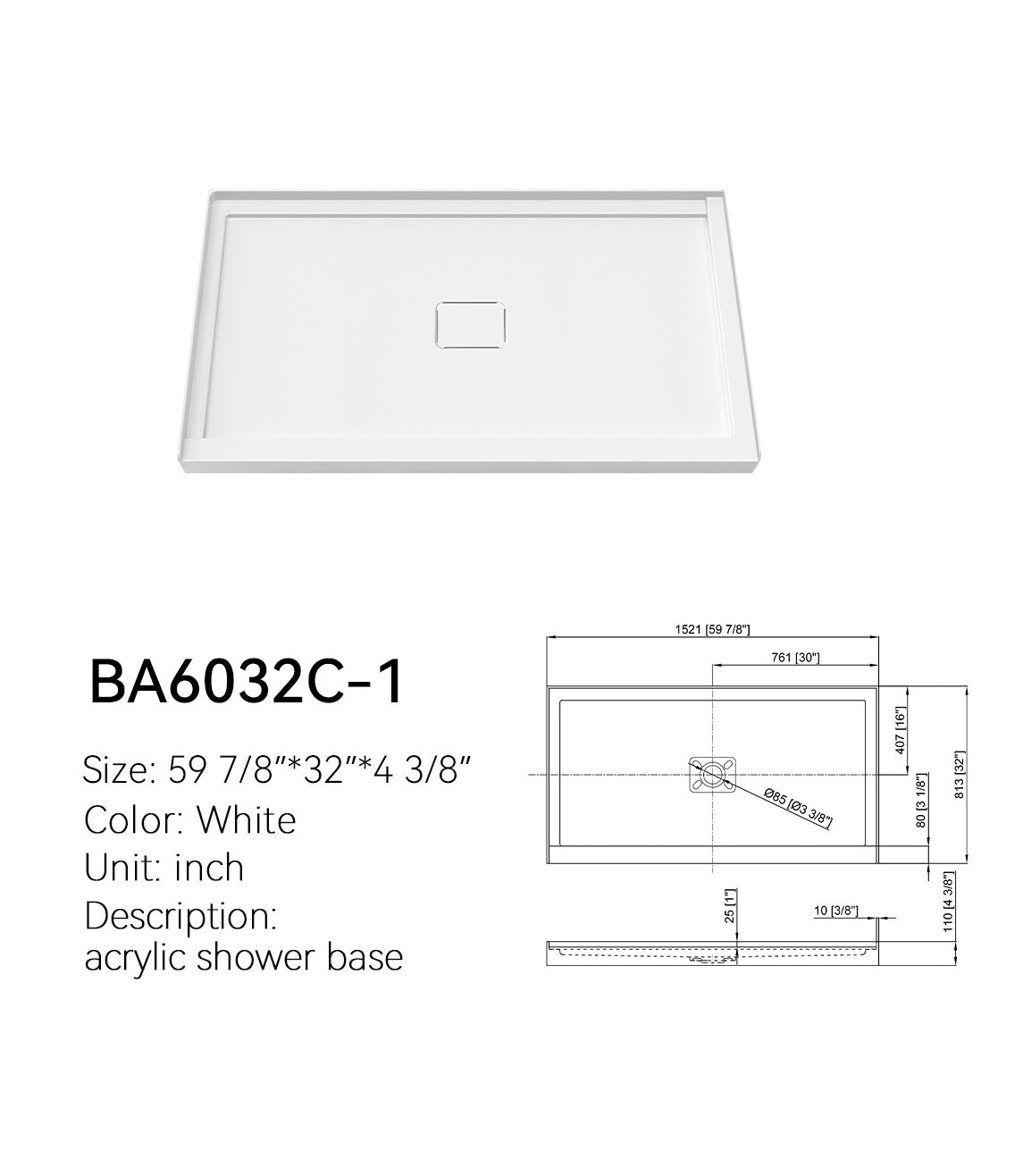 BA6032C-1 white acrylic 60x32 shower base, center drain single-threshold alcove, with dimension drawing