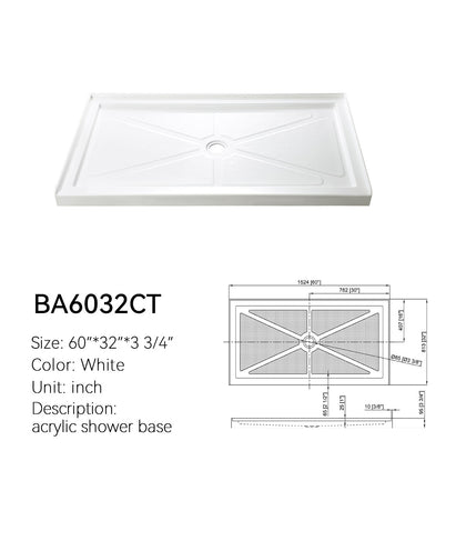 BA6032CT white acrylic 60x32 shower pan, center drain T-shape 3-side threshold, with dimension drawing