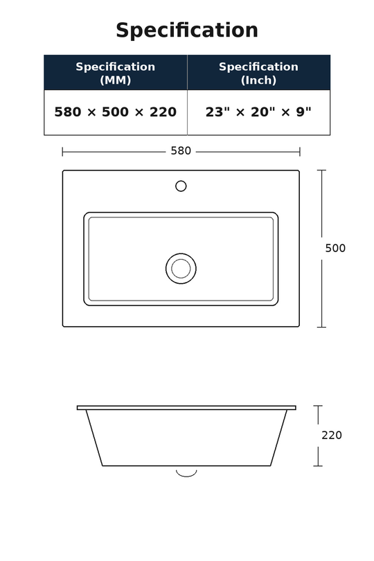 Specification diagram for 23 x 20 x 9 inch black drop-in quartz composite sink with 580 x 500 x 220 mm dimensions