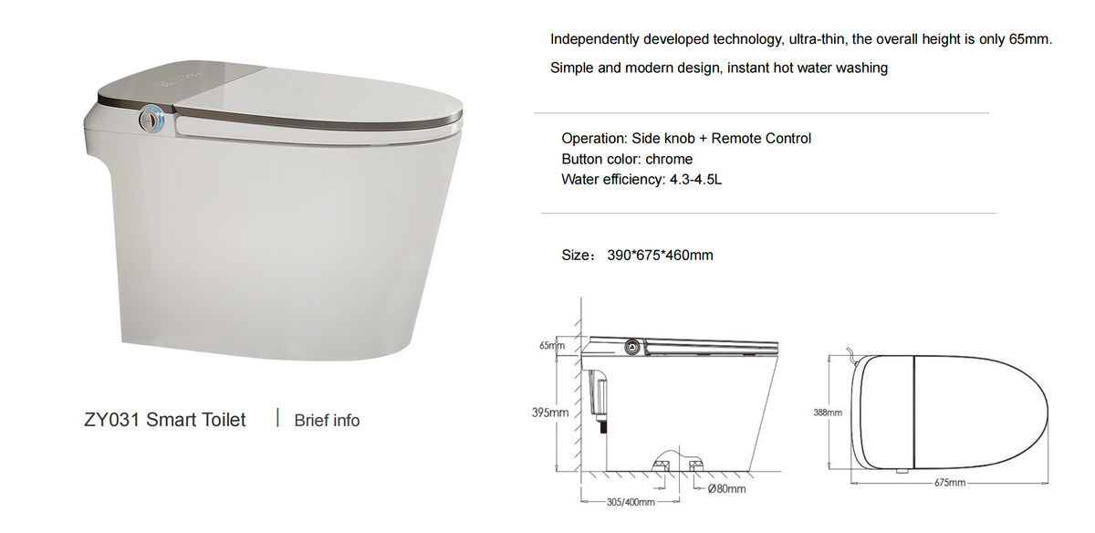 ZY03 smart toilet specification image showing ultra-thin seat design, side knob, remote control operation, 4.3-4.5L water efficiency, and product dimensions
