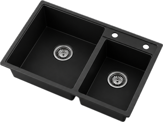 Black offset double bowl quartz composite kitchen sink with larger left basin, smaller right basin, and two faucet holes