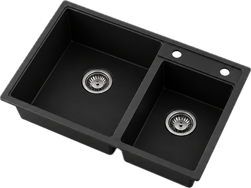 Black offset double bowl quartz composite kitchen sink with larger left basin, smaller right basin, and two faucet holes