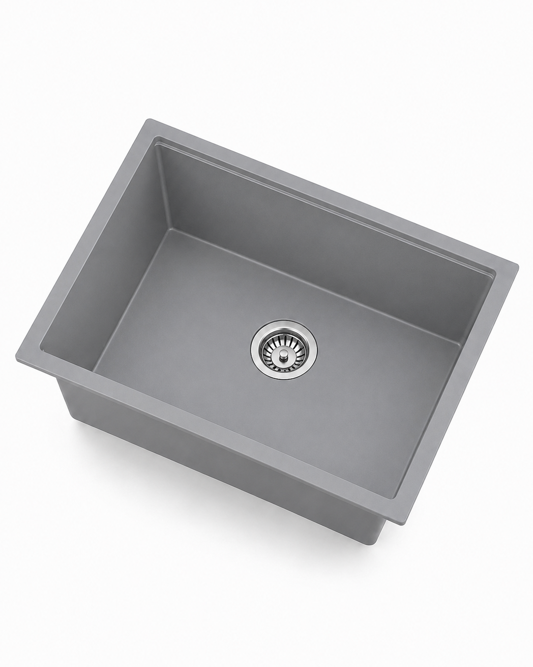 Gray single bowl quartz composite kitchen sink with stainless drain, angled product view