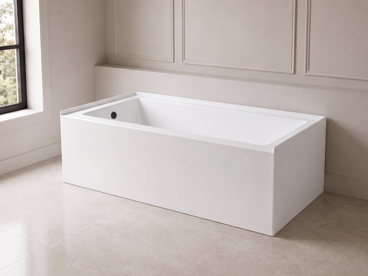 White 60x32 acrylic bathtub BTA6032L, left drain, three-wall alcove installation with integral apron front