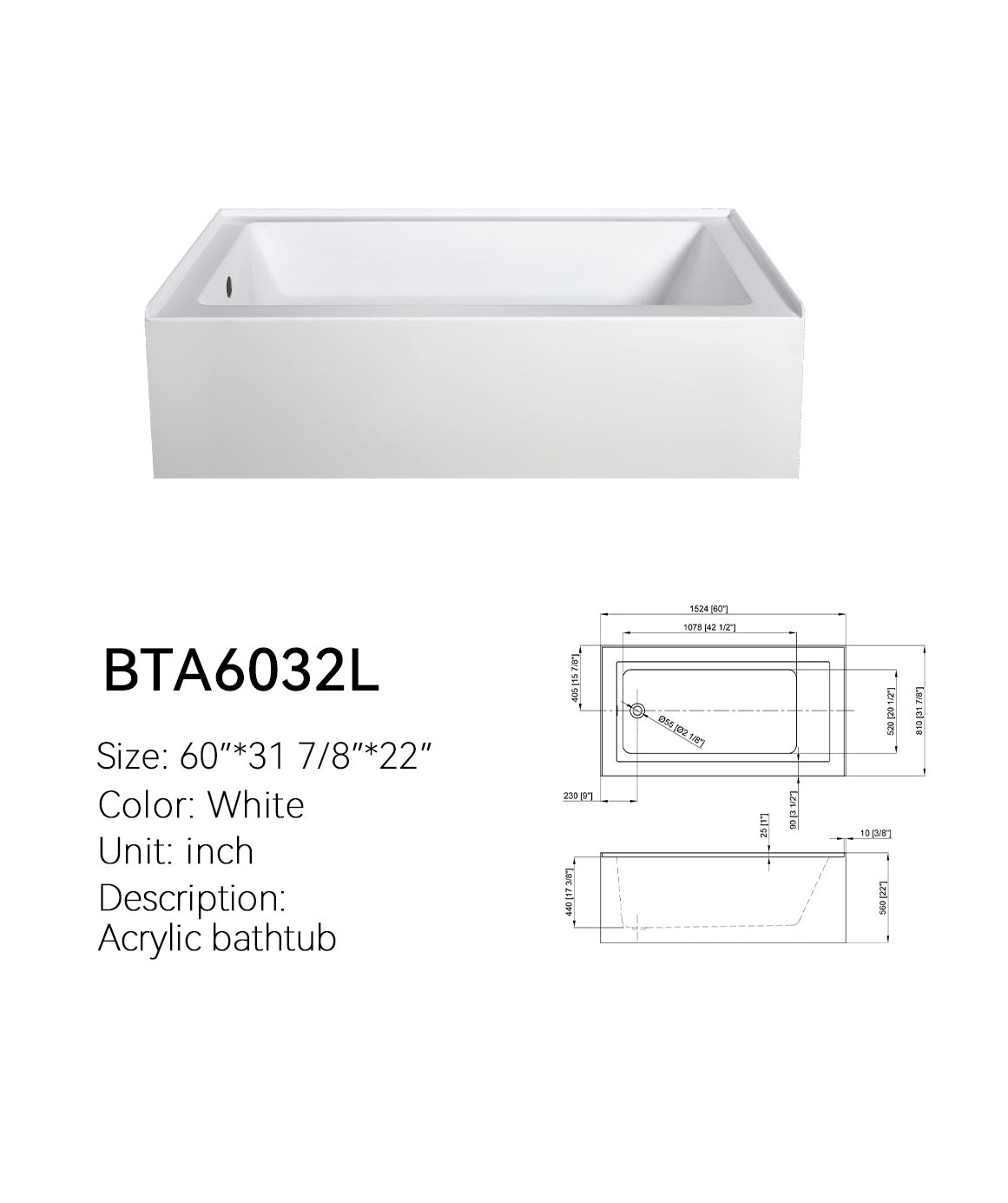 BTA6032L 60x32 alcove acrylic bathtub, white, with dimensioned spec drawing showing 60" x 31 7/8" x 22" and left drain