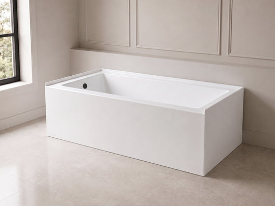 60x32 acrylic bathtub BTA6032L with left-hand drain installed alcove-style against a paneled bathroom wall