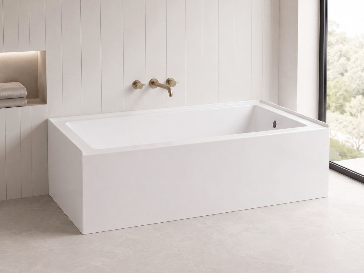 60x32 acrylic alcove bathtub BTA6032R with right-hand drain in a modern bathroom with a wall-mounted faucet