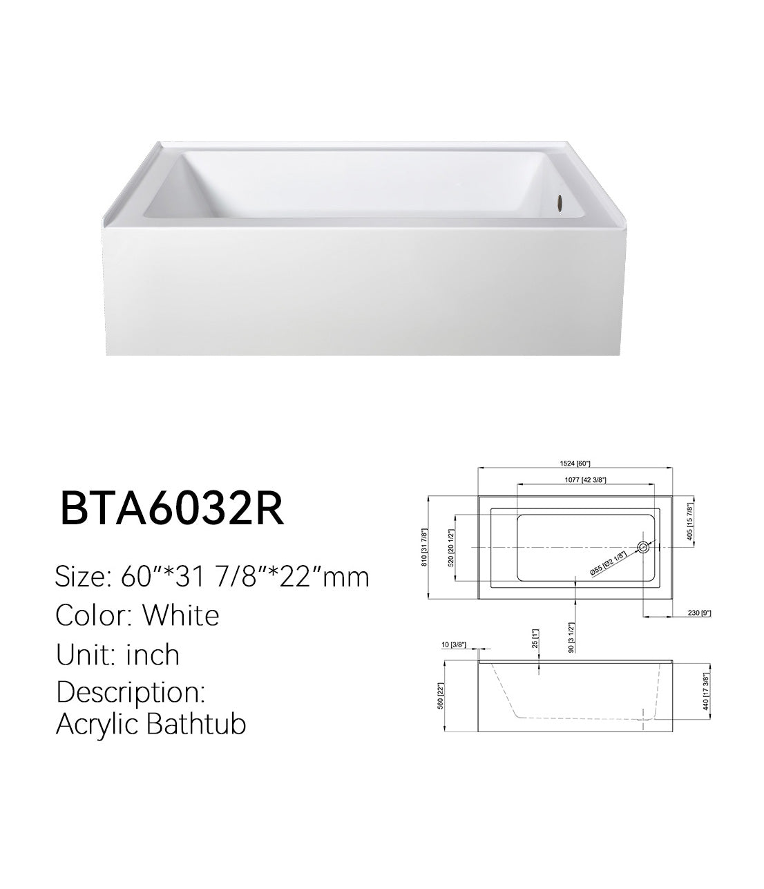 BTA6032R 60x32 acrylic bathtub spec sheet, white, right-hand drain, with dimensions 1524 x 810 x 560 mm and Ø2 1/8" drain