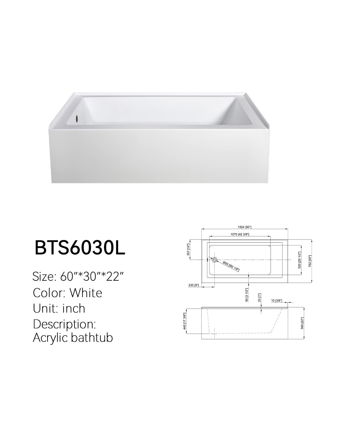 BTS6030L 60x30 acrylic bathtub spec drawing with 60 x 30 x 22 inch dimensions and left drain