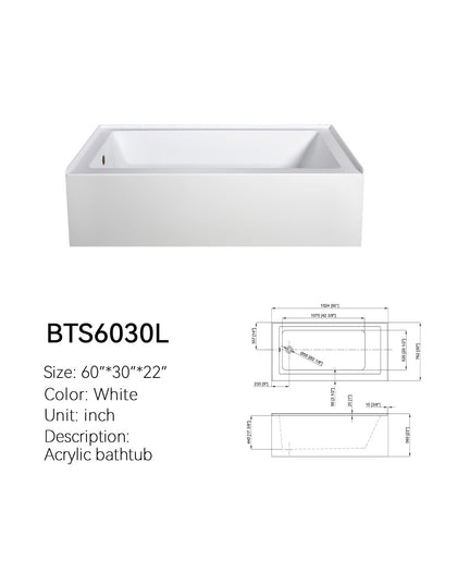 BTS6030L 60x30 acrylic bathtub spec drawing with 60 x 30 x 22 inch dimensions and left drain