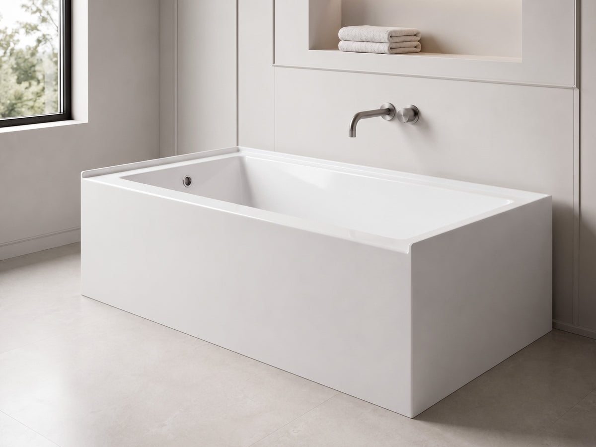 60x30 acrylic bathtub BTS6030L with left-hand drain in a white minimalist bathroom alcove
