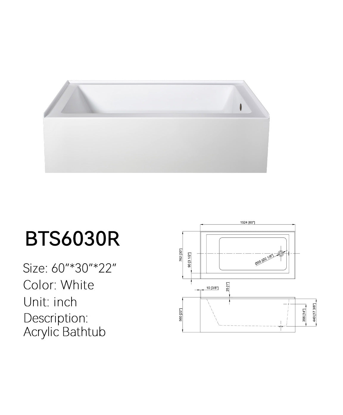 BTS6030R 60x30 acrylic bathtub dimension drawing showing right drain and Ø2 1/8 inch outlet